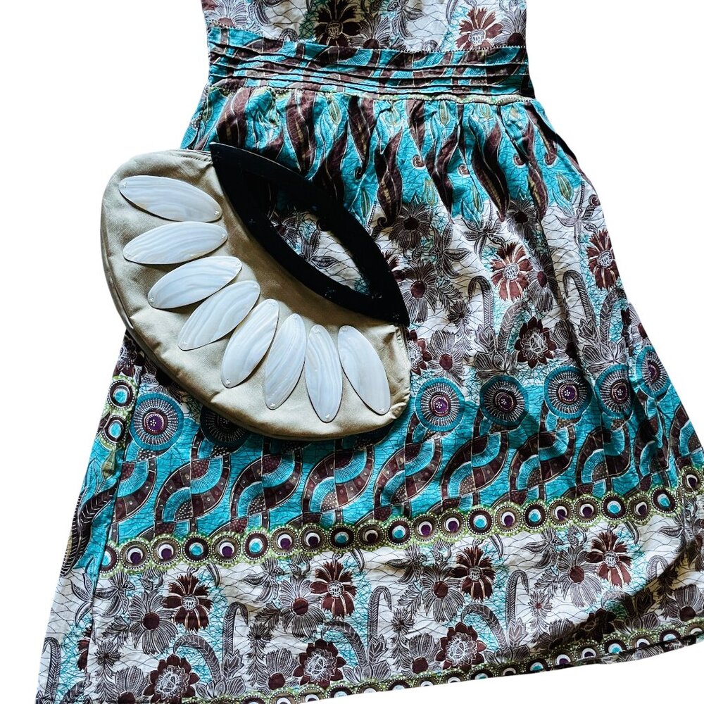 Vintage White, Black, Turquoise + Gold Sparkle Boho Dress Cottagecore Whimsy - Picture 4 of 11